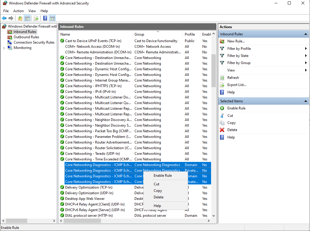 Windows Firewall, with the ICMP options set