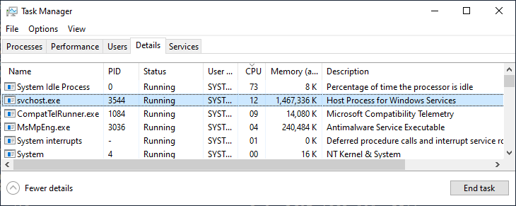 A windows task manager showing svchost using a lot of RAM and CPU