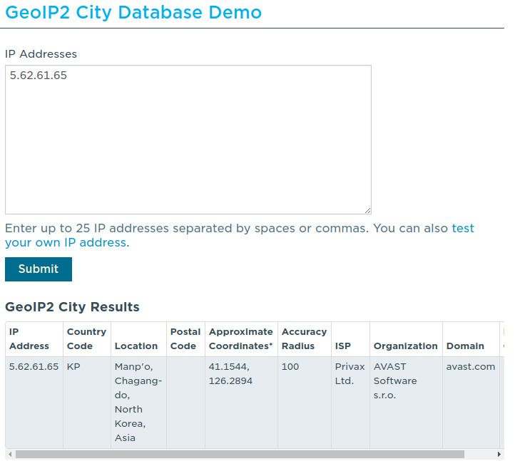 a example maxmind lookup