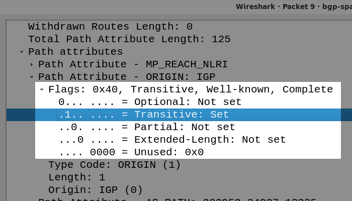 A wireshark decoding of the BGP Path Attribuites Flags