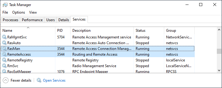 a windows task manage showing the same PID above being linked to RRAS services