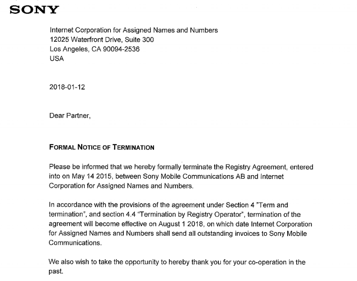 Sony xperia gtld termination letter