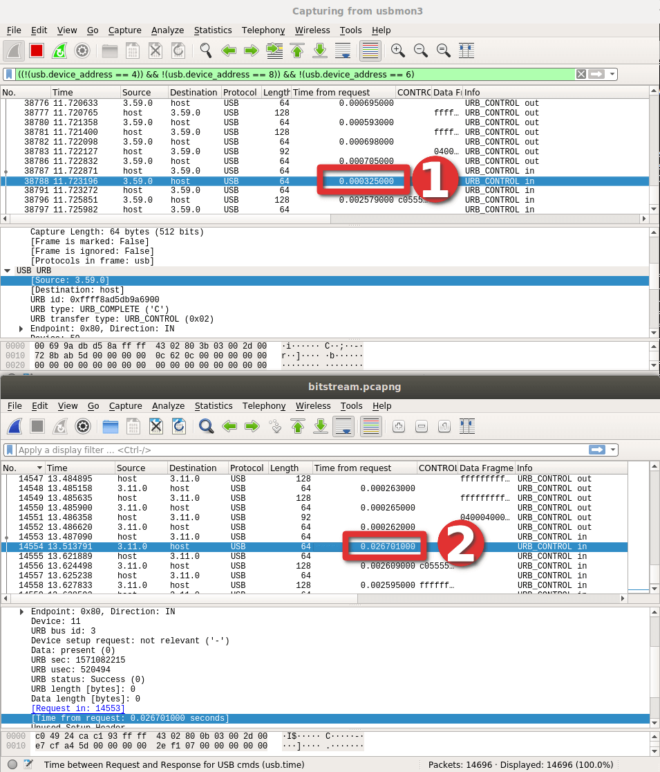 Timing difference shown between two pcaps in wireshark