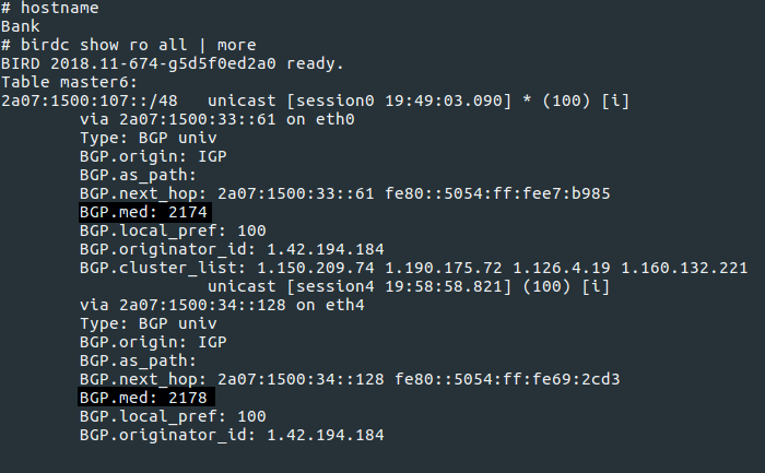 birdc output on TFL BGP, showing MEDs