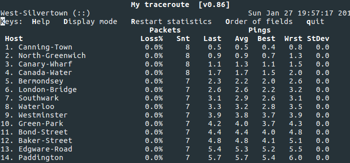 a mtr traceroute from my home station to paddington