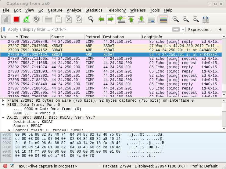 wireshark showing ax.25 traffic