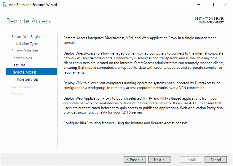 A installation screen describing what RRAS is