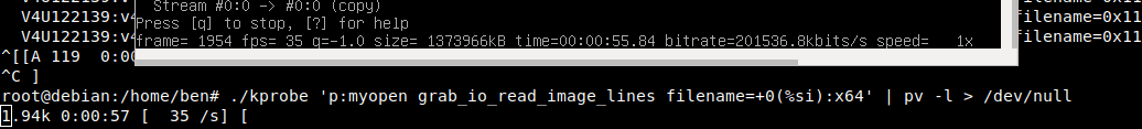 ffmpeg running while showing a kprobe trace running at the same rate